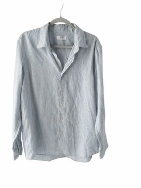 Uniqlo Men’s Classic 100% Linen Light Blue Striped Casual Button-Down Shirt Sz L